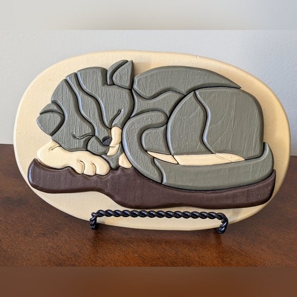 INTARSIA HAND CRAFTED 3D WOOD CARVED CAT PLAQUE WALL ART - Picture 4 of 10